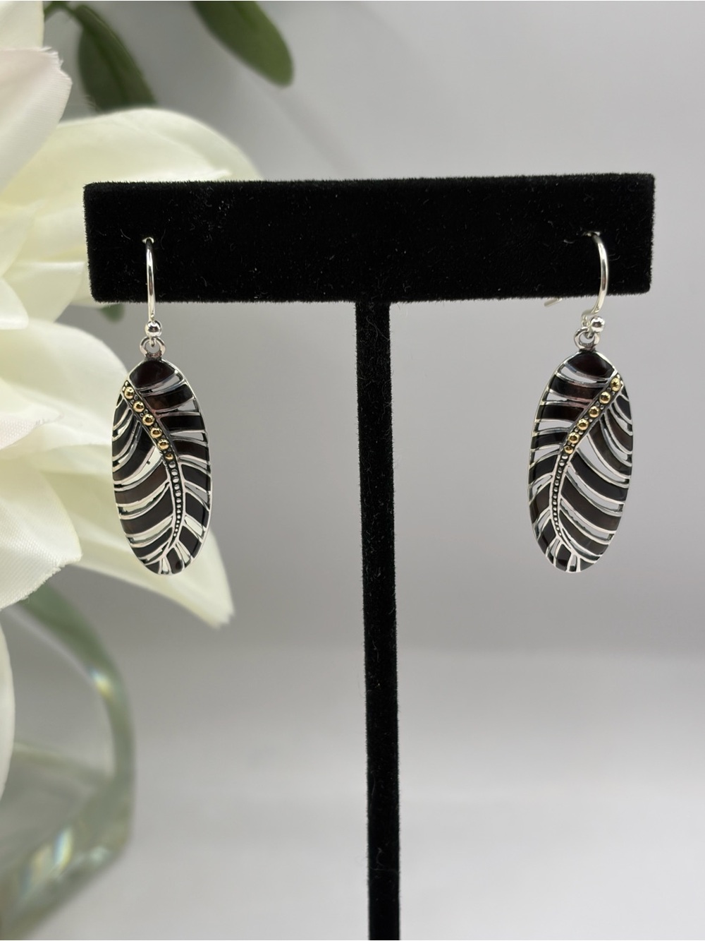 Artisan Crafted by Robert Manse Sterling & 18K Gemstone Leaf Earrings~BlackShell